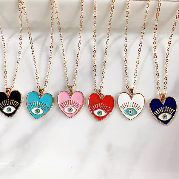 Stainless Steel Evil Eyes Pendant Enamel Heart Necklace NC0010