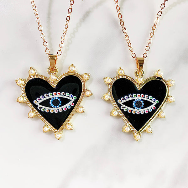 Stainless Steel Evil Eyes Heart Pendant  Black  Enamel Necklace NC0015