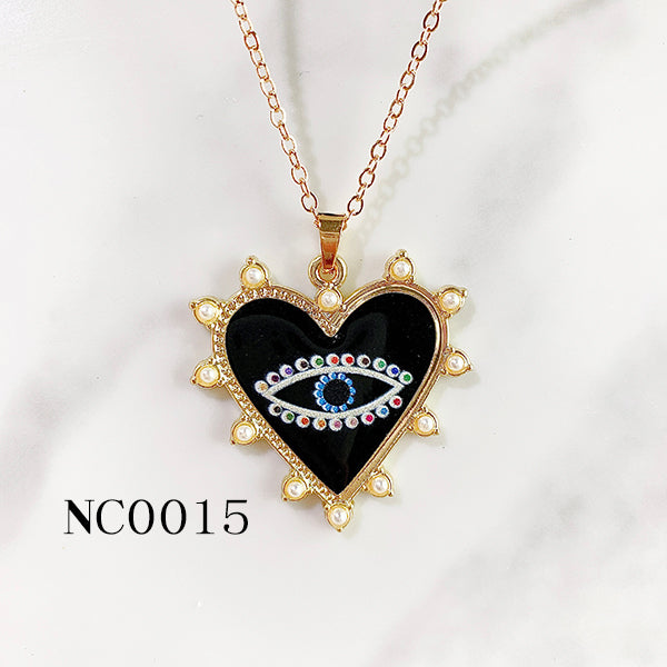 Stainless Steel Evil Eyes Heart Pendant  Black  Enamel Necklace NC0015