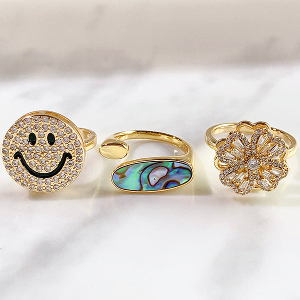 Stainless Steel Evil Eyes Zircon Smile Shell  Can Adjust Ring RB0006