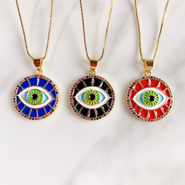 Stainless Steel Evil Eyes Enamel Pendant Zircon Necklace NA0052