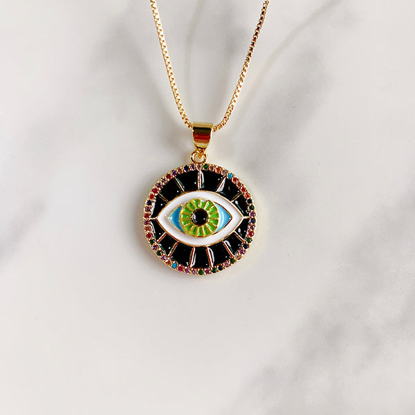 Stainless Steel Evil Eyes Enamel Pendant Zircon Necklace NA0052