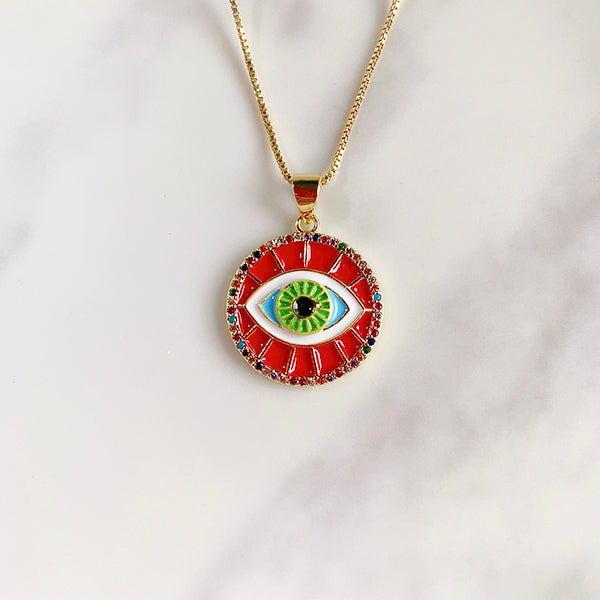 Stainless Steel Evil Eyes Enamel Pendant Zircon Necklace NA0052