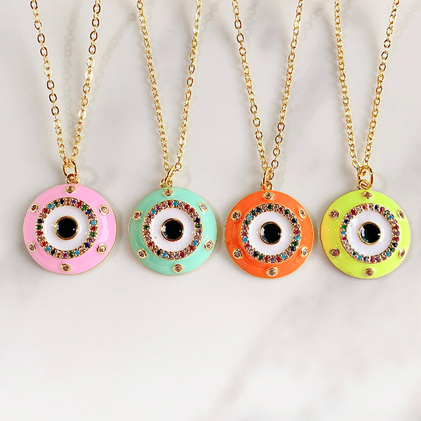 Stainless Steel Evil Eyes Enamel Pendant Zircon Necklace NA0059