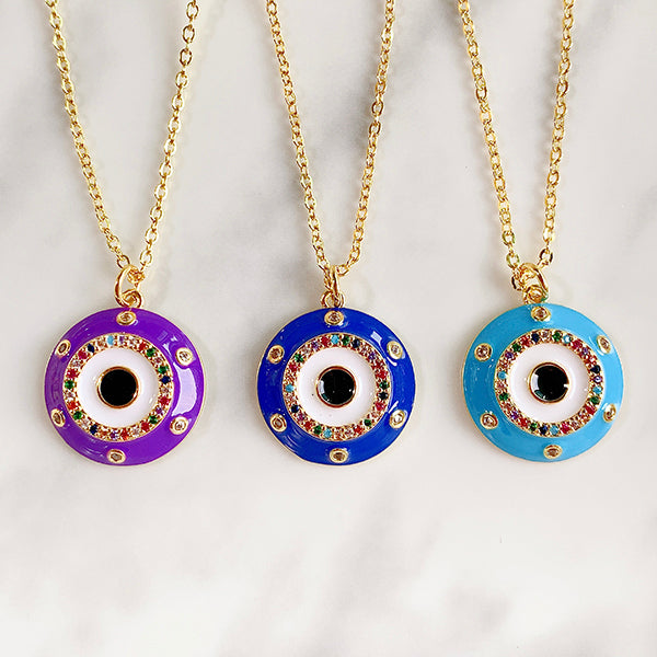 Stainless Steel Evil Eyes Enamel Pendant Zircon Necklace NA0059