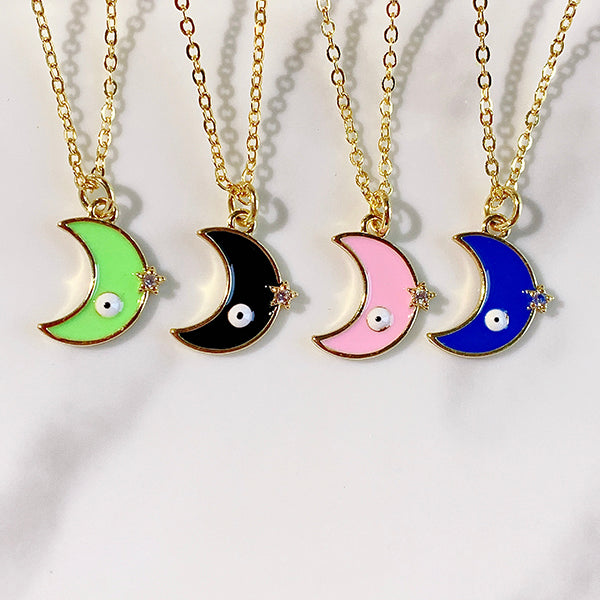 Stainless Steel Evil Eyes Moon Enamel Pendant Necklace Zircon NC0033