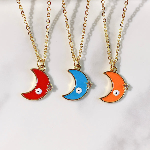 Stainless Steel Evil Eyes Moon Enamel Pendant Necklace Zircon NC0033