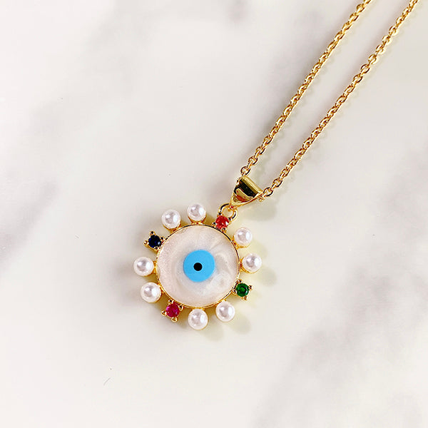 Stainless Steel Evil Eyes Imitation Pearl Pendant Shell Necklace NB0040