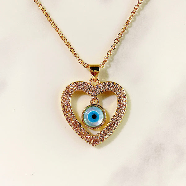 Stainless Steel Evil Eyes Heart Zircon Pendant Shell  Necklace NB0042