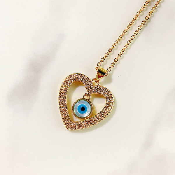 Stainless Steel Evil Eyes Heart Zircon Pendant Shell  Necklace NB0042