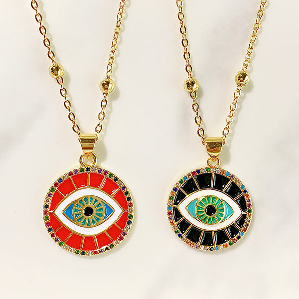 Stainless Steel Evil Eyes Enamel Pendant Zircon Necklace NB0043