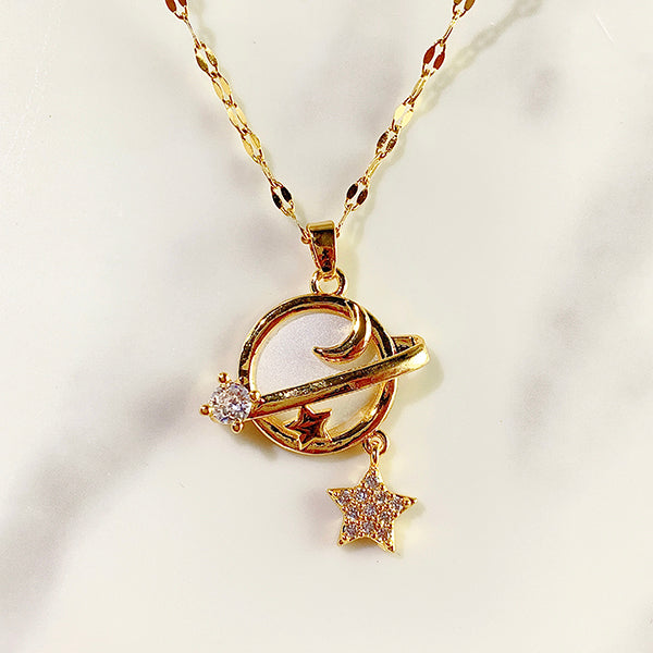 Stainless Steel Star Moon Universe Pendant Zircon Necklace NB0052