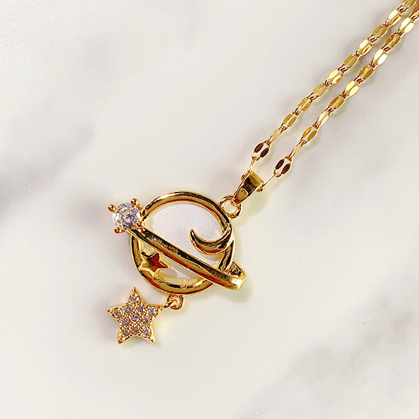 Stainless Steel Star Moon Universe Pendant Zircon Necklace NB0052