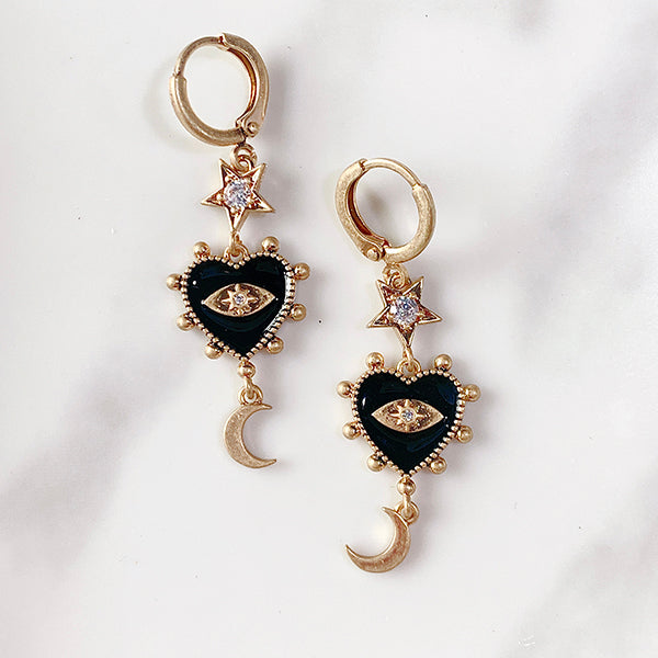 Stainless Steel Evil Eyes Enamel Heart Moon Zircon Earring EC0001