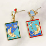 Alloy Cat Rocket Universe Enamel Zircon Asymmetry 925 Silver Earring EC0024