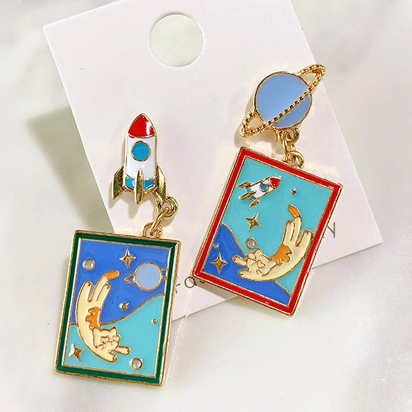 Alloy Cat Rocket Universe Enamel Zircon Asymmetry 925 Silver Earring EC0024