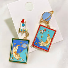 Load image into Gallery viewer, Alloy Cat Rocket Universe Enamel Zircon Asymmetry 925 Silver Earring EC0024