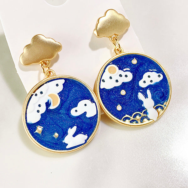 Alloy Moon Rabbit Cloud Enamel Zircon Asymmetry 925 Silver Earring EC0027