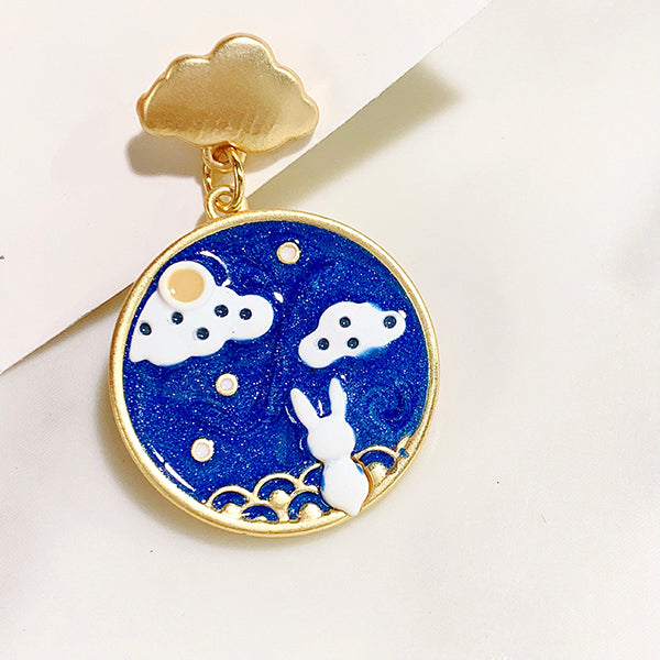 Alloy Moon Rabbit Cloud Enamel Zircon Asymmetry 925 Silver Earring EC0027