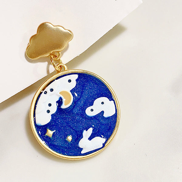 Alloy Moon Rabbit Cloud Enamel Zircon Asymmetry 925 Silver Earring EC0027