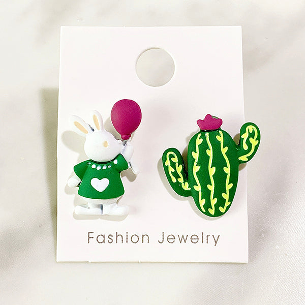 Resin Rabbit Cactus Asymmetry 925 Silver Earring EC0028