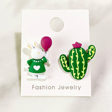 Load image into Gallery viewer, Resin Rabbit Cactus Asymmetry 925 Silver Earring EC0028