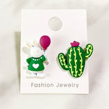 Resin Rabbit Cactus Asymmetry 925 Silver Earring EC0028