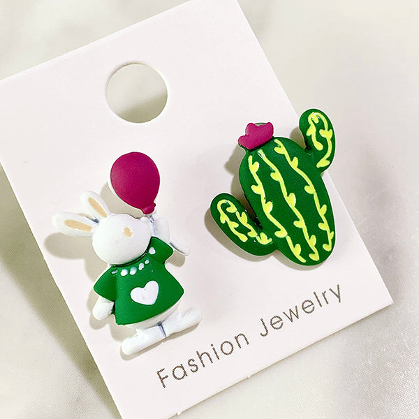 Resin Rabbit Cactus Asymmetry 925 Silver Earring EC0028