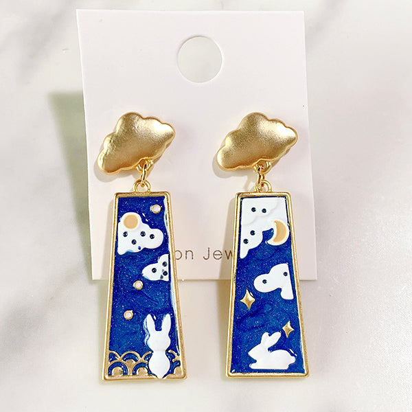 Alloy Rabbit Moon Enamel 925 Silver  Earring EC0029