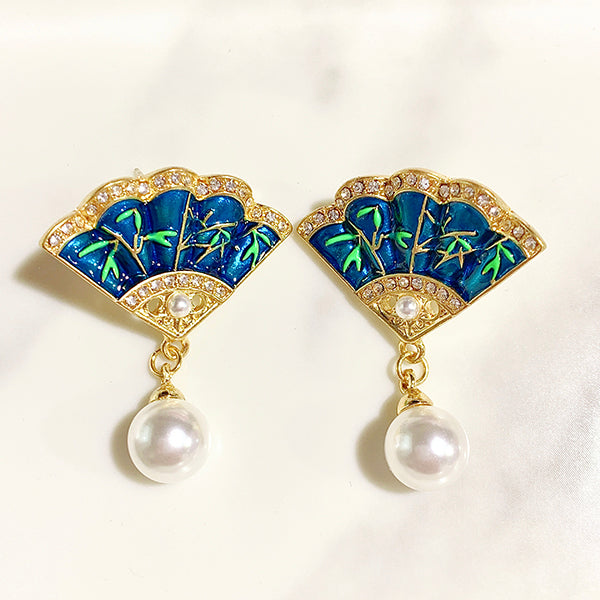 Stainless Steel Fan  Enamel Imitation Pearl Zircon 925 Silver Earring EC0018