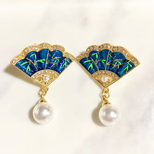 Load image into Gallery viewer, Stainless Steel Fan  Enamel Imitation Pearl Zircon 925 Silver Earring EC0018