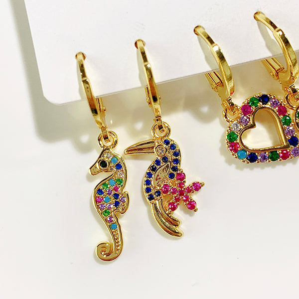 Alloy Sea Horse Bird Elephant Sun Evil Eyes Enamel Zircon Asymmetry  Three Sets Of  Earring EC0037