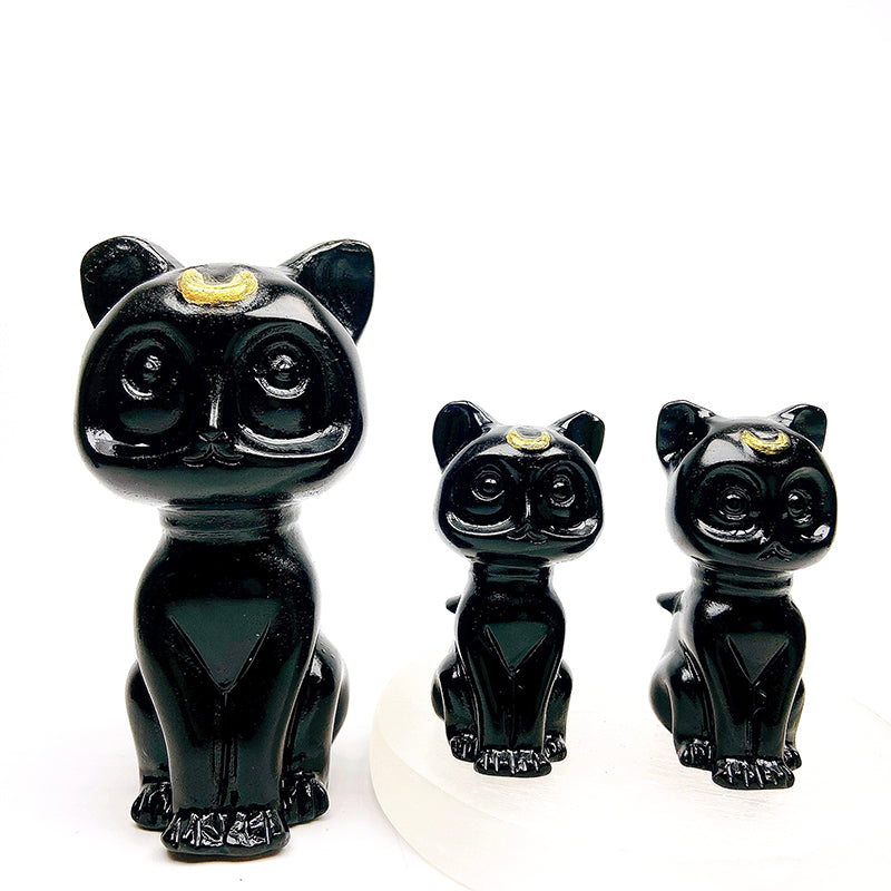 Beautiful Obsidian Luna Cat Carving