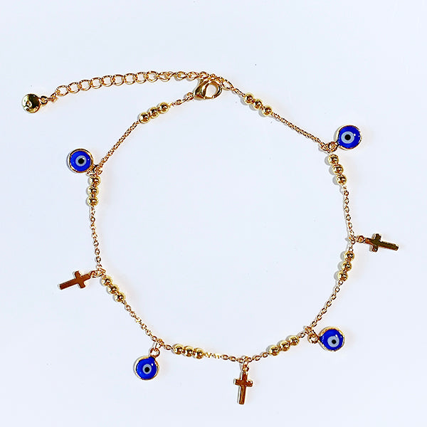 Stainless Steel Blue Evil Eyes Cross Bracelet BC0034