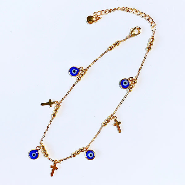 Stainless Steel Blue Evil Eyes Cross Bracelet BC0034