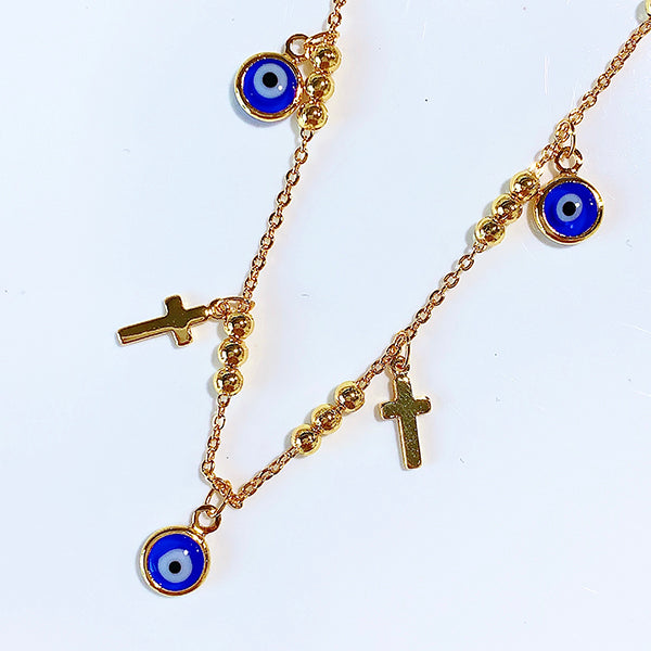 Stainless Steel Blue Evil Eyes Cross Bracelet BC0034