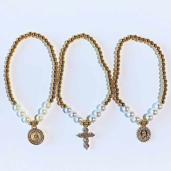 Stainless Steel Virgin Mary Cross imitation pearl Zircon Bracelet BC0040