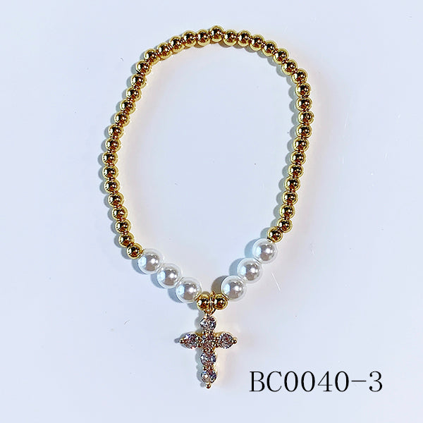 Stainless Steel Virgin Mary Cross imitation pearl Zircon Bracelet BC0040