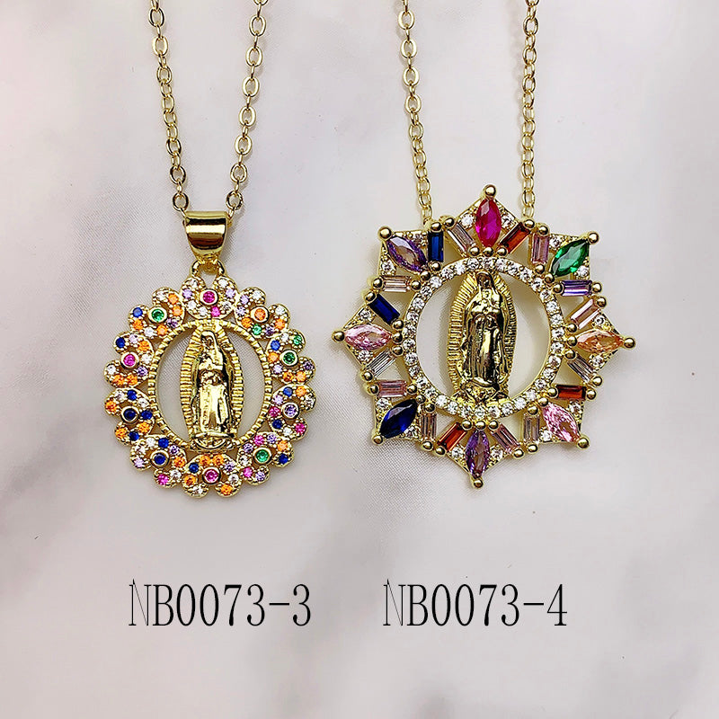 Stainless Steel Virgin Mary Pendant Color Zircon Necklace NB0073