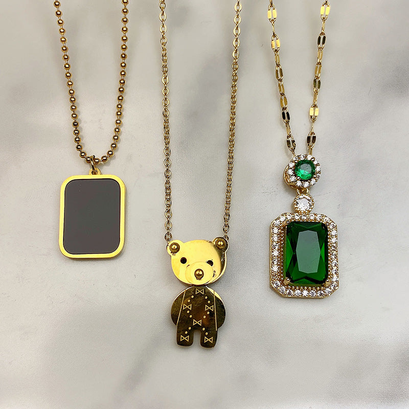 Stainless Steel  Black Enamel Bear Green Zircon Pendant Necklace NC0056