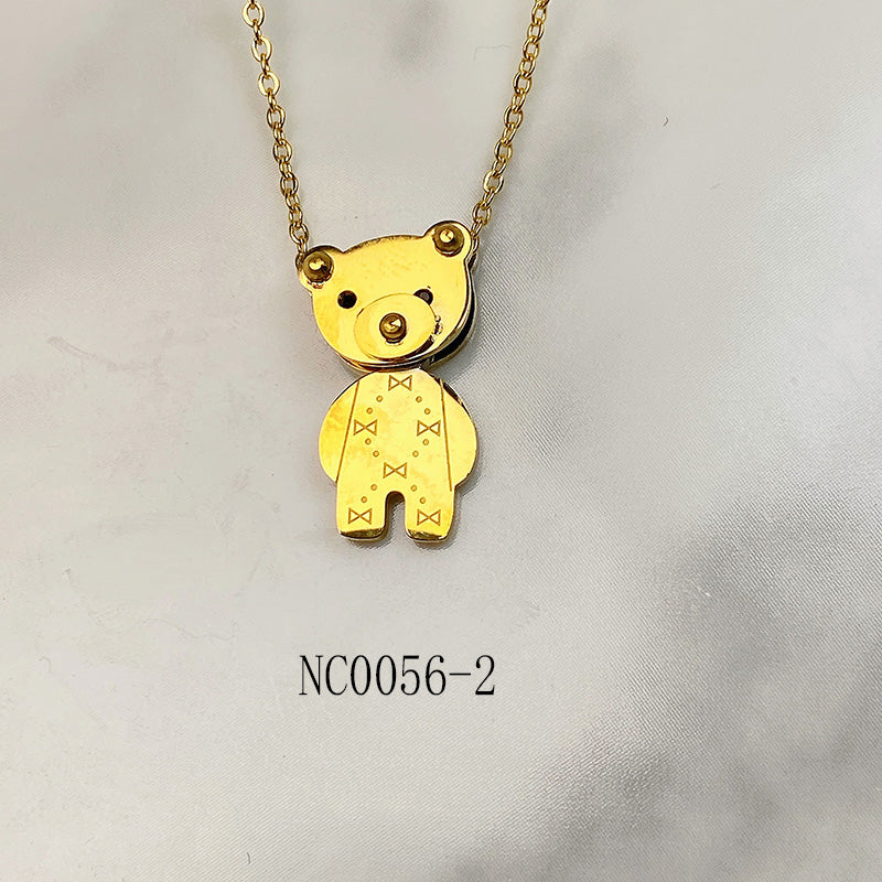 Stainless Steel  Black Enamel Bear Green Zircon Pendant Necklace NC0056