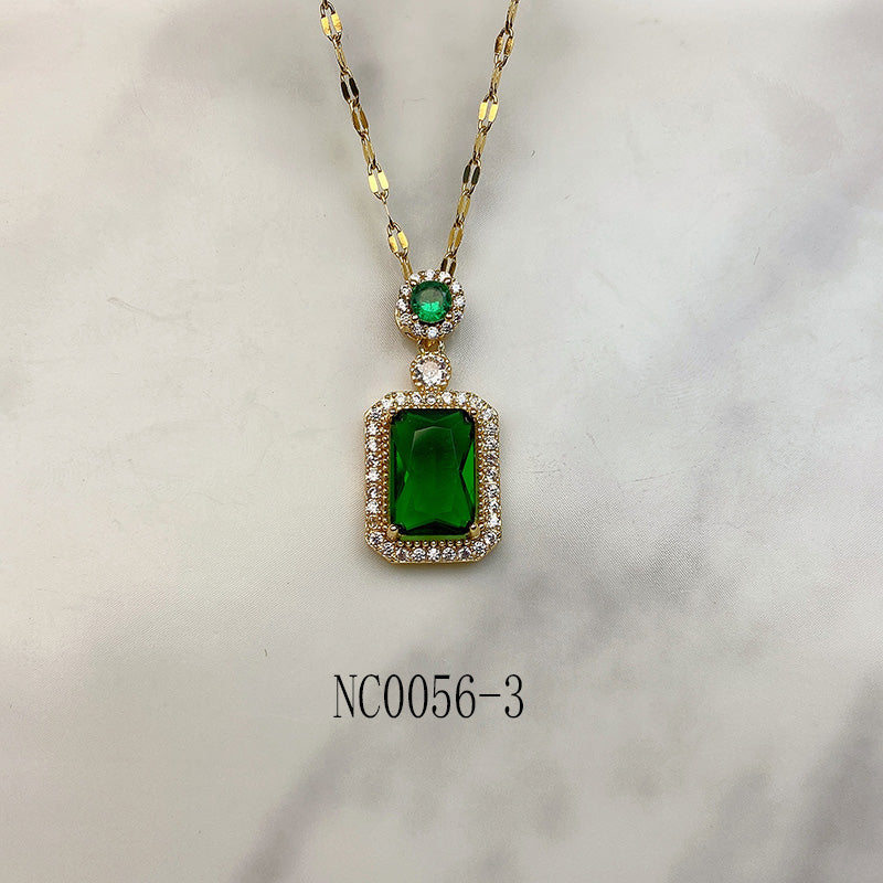 Stainless Steel  Black Enamel Bear Green Zircon Pendant Necklace NC0056