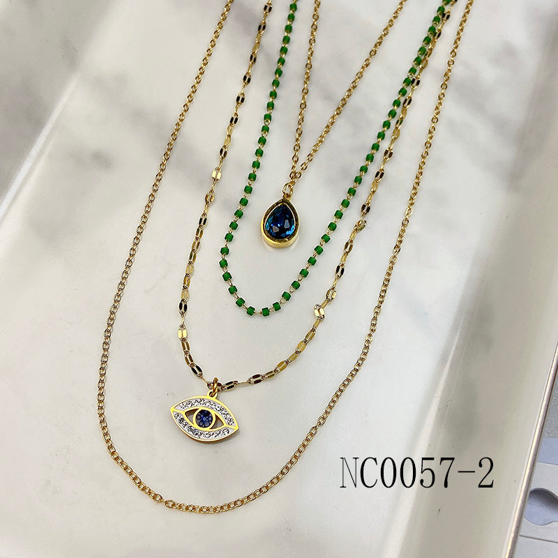 Stainless Steel Multilayer Evil Eyes  Zircon Pendant Necklace NC0057