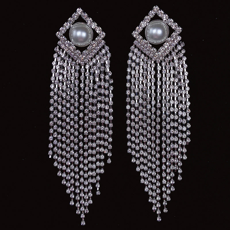 925 Silver-Pin Zircon Long Tassel Imitation Pearl Earrings ED0007