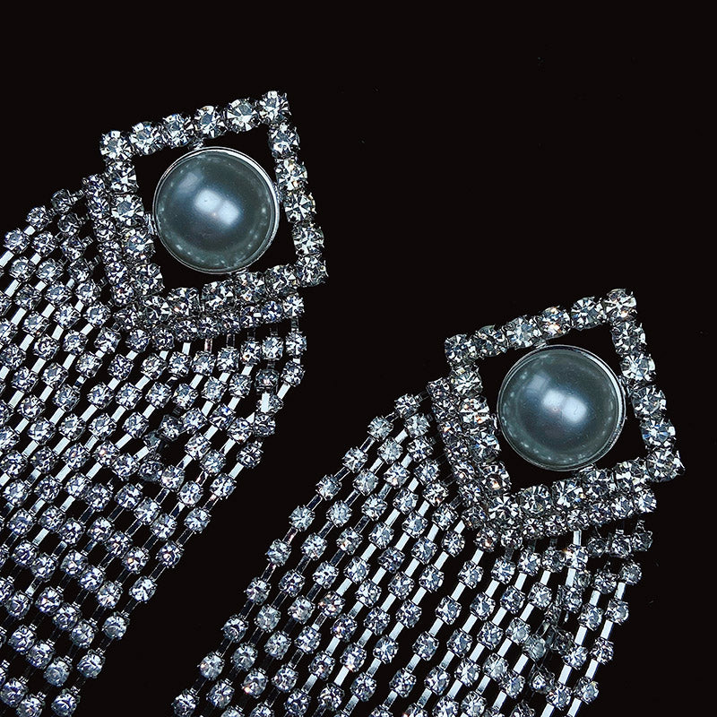 925 Silver-Pin Zircon Long Tassel Imitation Pearl Earrings ED0007