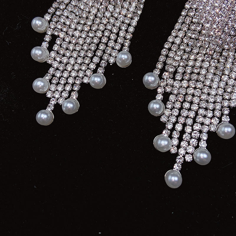 925 Silver-Pin Zircon Tassel  Imitation Pearl Earrings ED0008