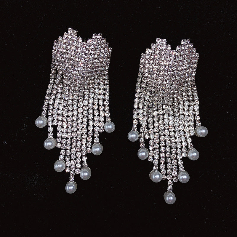 925 Silver-Pin Zircon Tassel  Imitation Pearl Earrings ED0008