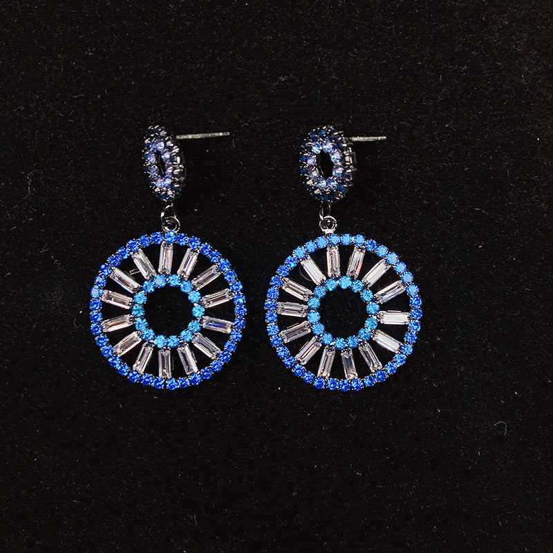 925 Silver-Pin Round Blue Zircon Earrings ED0015