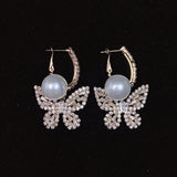 925 Silver-Pin Zircon Butterfly Imitation Pearl Earrings ED0024