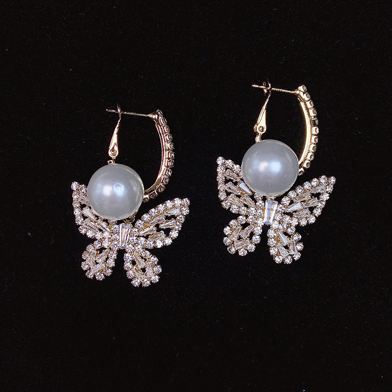 925 Silver-Pin Zircon Butterfly Imitation Pearl Earrings ED0024